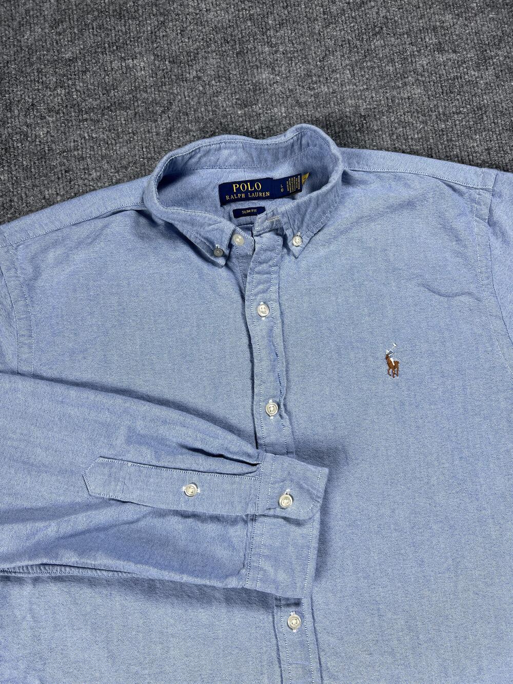 Polo Ralph Lauren Shirt Blue Cotton Slim Long Sleeve Rainbow Pony Mens Large